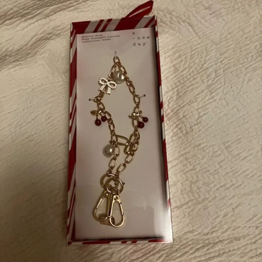 Phone Wristlet Strap with Cherries, Bow and Pearls